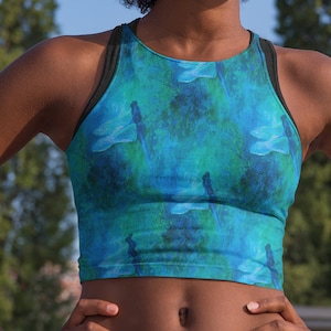 Blue Dragonfly Workout Bra, Crop Top Sports Bra, Athletic Fitness Top, Summer Workout Exercise Top with Insect Art, Tank Top Women Swim Wear