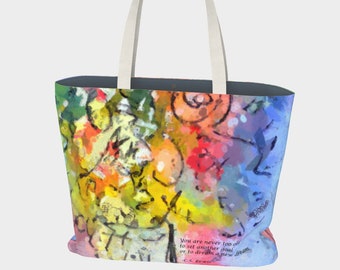 Giant Tote Bag Oversized 20 x 15 inch Canvas Market Tote with Abstract Art Flowers by Claire Bull, Zipper Pocket and Wide Straps Tough Denim