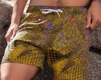 Swim Trunks for Men Board Shorts with Zen Hippie Boho Art Design, Summer Festival Shorts with Pockets, Waist Tie Men's Athletic Beachwear