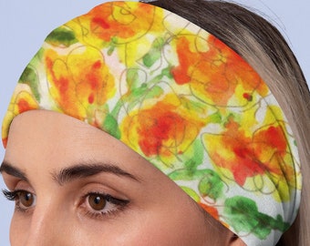 Wide Headband Orange Green Gaiter Face Cover Neck Accent Colorful Flowers on Stretch Hairband Head Cover Fashion Accessory for Women Fashion