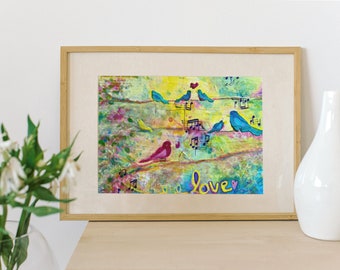 Bird Love Songs - Bird Painting, Watercolor Art Print, Bird Lover Gift, Colorful Wall Art, Ready to Frame,  Folk Art Decor for Home, Nature