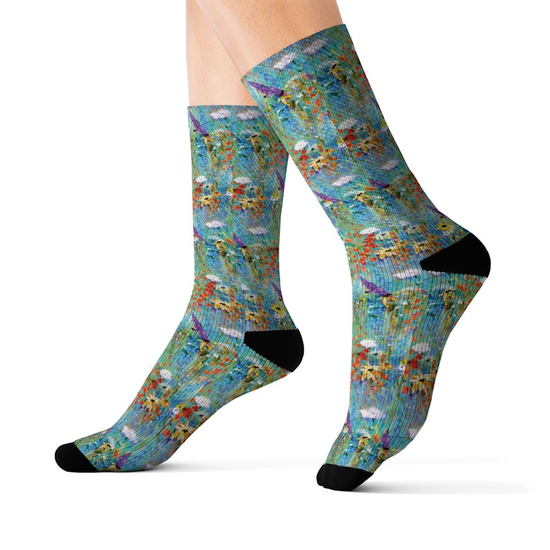 Printed Socks with Wildflowers, Dragonfly Magic, Art Socks, Summer Fashion, Pretty Floral Socks, Smaller Print, Designer Socks, Gift for Her image 5