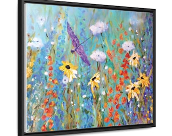 Art Print on Canvas, Meadow Flowers with Dragonfly and Bees, Colorful Framed Painting Wall Art, Canadian Art, Horizontal Frame, Claire Bull