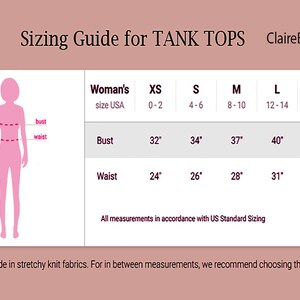 Pode incluir: Guia de tamanhos para tops de tanque com medidas em polegadas para o busto e a cintura para os tamanhos XS a XL. A tabela mostra os tamanhos dos EUA 0-2 a 16.