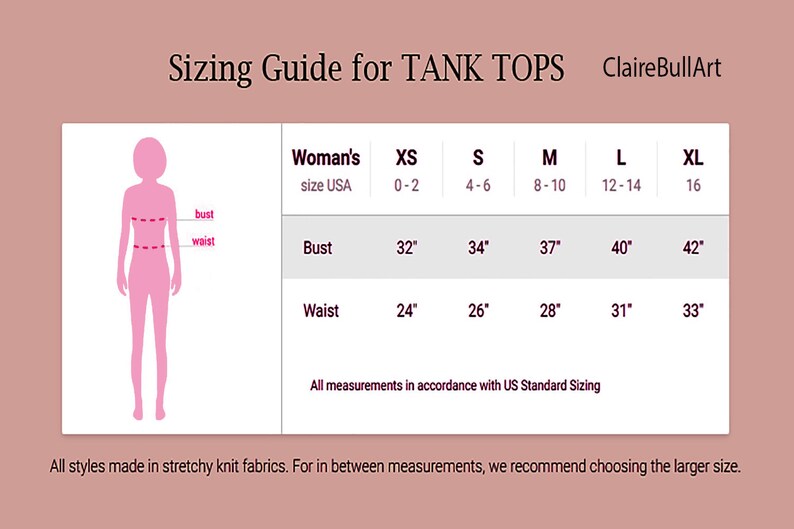 Pode incluir: Guia de tamanhos para tops de tanque com medidas em polegadas para o busto e a cintura para os tamanhos XS a XL. A tabela mostra os tamanhos dos EUA 0-2 a 16.
