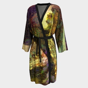 Silk Peignoir Robe with Golden Butterfly Art, Unisex Kimono Jacket, Knee length Robe, Lightweight Bathrobe, Beach Robe for Travel