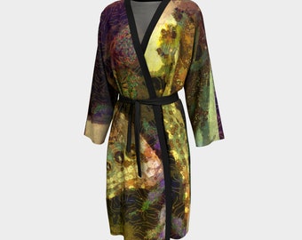 Silk Peignoir Kimono Robe with Golden Butterfly Art, Unisex Kimono Jacket, Knee length Robe, Unique Lightweight Bathrobe, Beach Robe Travel