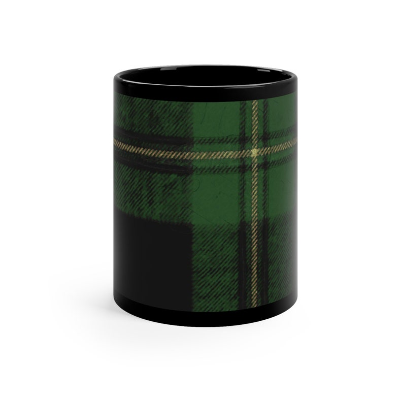 Coffee Mug with Green Tartan Plaid Art, Christmas Mug Gifts for Him, Black Coffee Cup, Scottish Clan, Winter Mug image 3