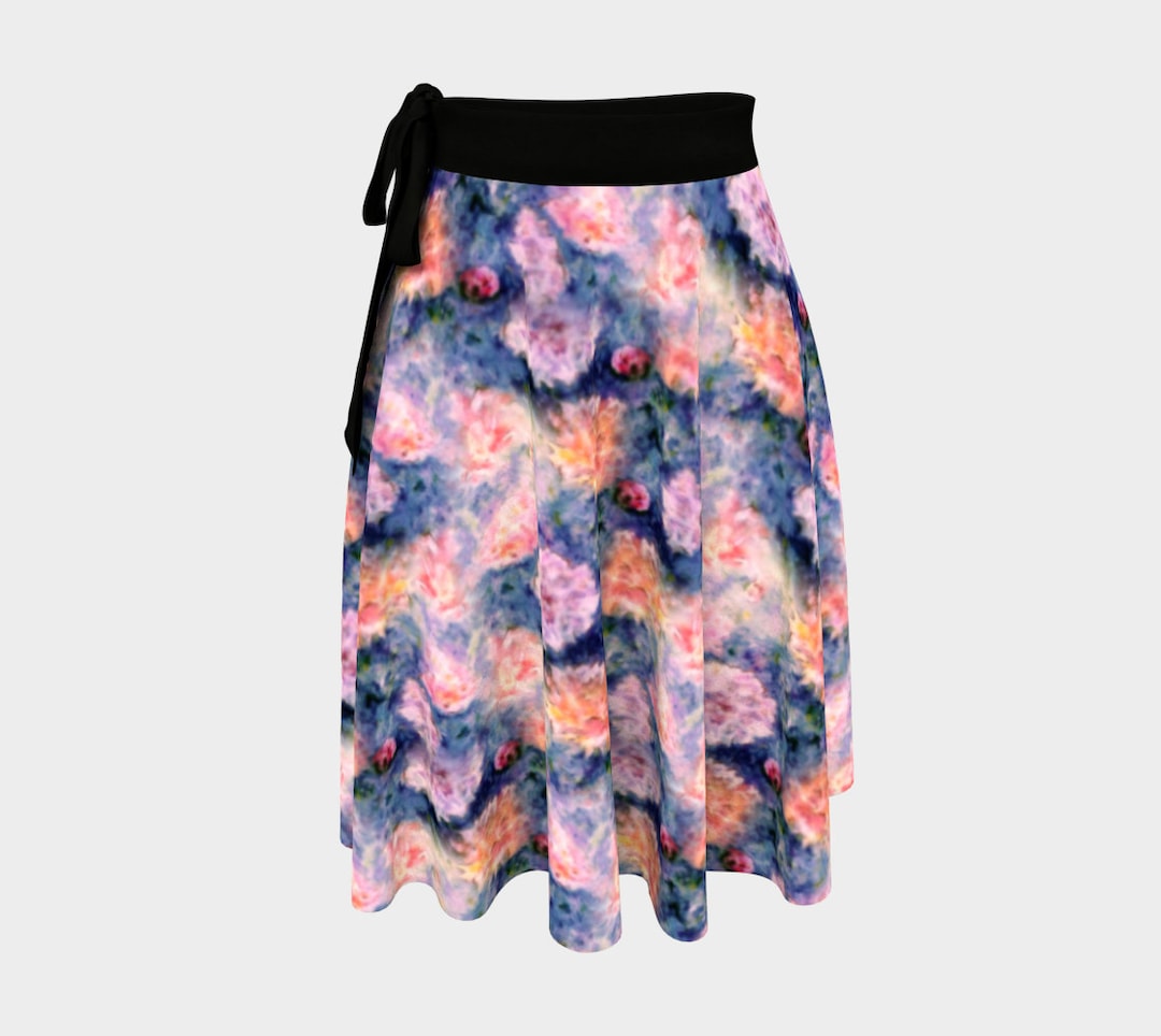 Floral Wrap Skirt With Pink Flowers and Deep Blue Shades, Ballet Skirt