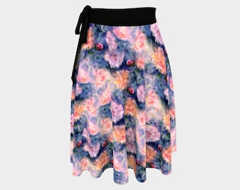 Floral Wrap Skirt with Pink Flowers and Deep Blue Shades, Ballet Skirt, Semi Sheer Wrap in Crepe, Silky Casual Skirt Summer Fashion Women