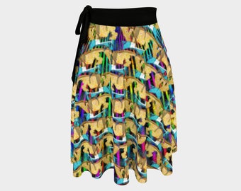 Wrap Skirt with Cats in Psychedelic Colors, Ballet Dance Skirt Mini Length, Wrap Tie, Soft Jersey or Sheer Crepe Fabric, Beach Cover Up Girl