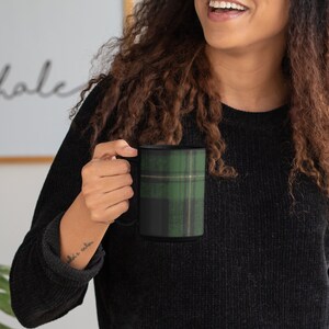 Coffee Mug with Green Tartan Plaid Art, Christmas Mug Gifts for Him, Black Coffee Cup, Scottish Clan, Winter Mug image 4