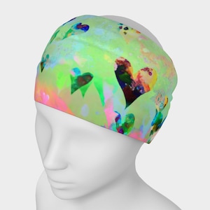 Wide Headband with Rainbow Hearts on Bright Green, Stretchy Polyspandex Tube Style, Hairband , Neck Accent, soft breathable face cover