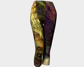 Golden Butterfly Klimt Style Art Capri Pants, Unisex Summer Pants, Capris, Cycling clothes, Festival clothing, Hippie Bohemian Capri Pant