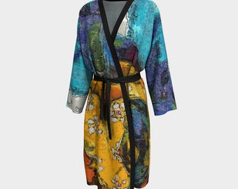 Silk Kimono Robe with Cat Art, Luxury Robe for Cat Lovers, Whimsical Art, Chiffon Bathrobe Summer Beach Wrap, Lightweight Robe for Women