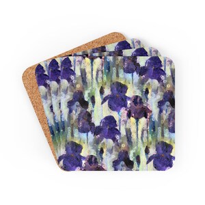 Corkwood Coaster Set with Iris Flowers Art Painting, Purple Gray Square Coasters, Gloss Finish, Original Art Country Floral Coasters Gift