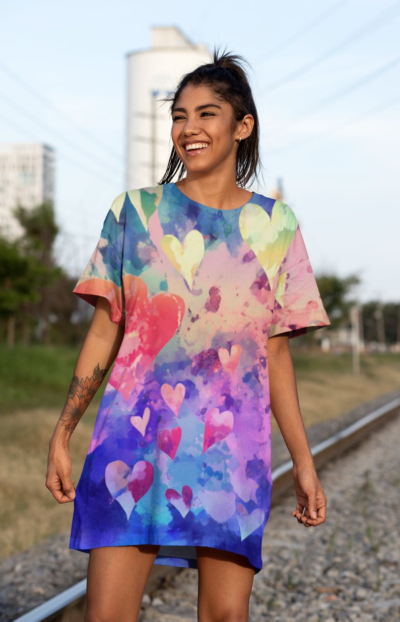 Oversized TShirt Dress with Hearts, Soft T shirt, Best Friends Gift, Rainbow Tee Shirt for Women, Casual Summer Beach Cover Up, Sleep Shirt image 9