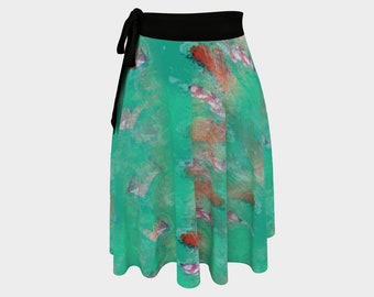 Float Away Green Wrap Skirt, Feathers Pattern, Bohemian Summer Skirt, Teal Green Ballet Skirt for Dance, Beach Wrap Travel Wear, Cruise Trip