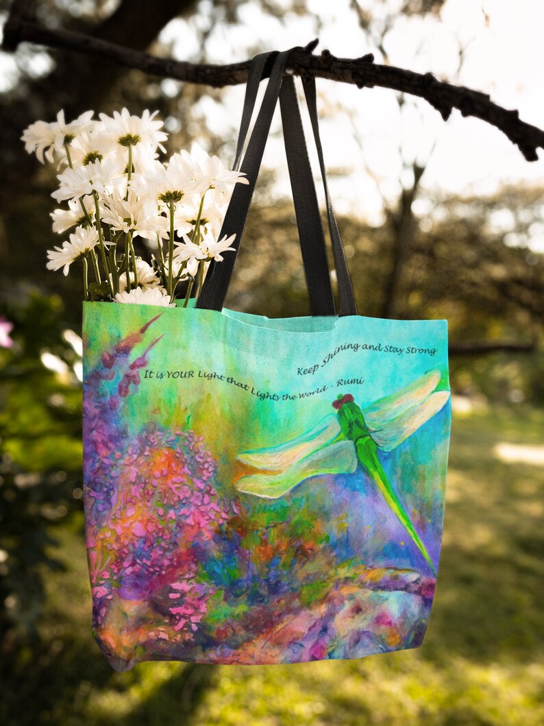 Tote Bag with RUMI Quote Flowers and Dragonfly, Market Bag, Lined Shopping Bag for Women, Book Tote, Reusable Tote Gift for Mom, Pretty Tote image 10