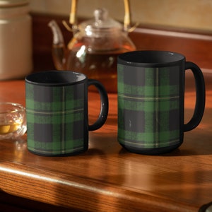 Coffee Mug with Green Tartan Plaid Art, Christmas Mug Gifts for Him, Black Coffee Cup, Scottish Clan, Winter Mug image 7