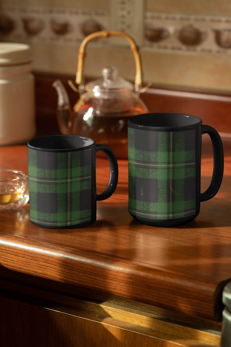 Coffee Mug with Green Tartan Plaid Art, Christmas Mug Gifts for Him, Black Coffee Cup, Scottish Clan, Winter Mug image 7