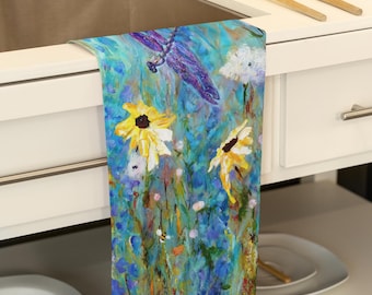 Wildflower Kitchen Towel: Dragonfly Floral Art, Cotton Tea Towel