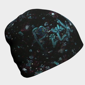 Fck Cancer Dark Beanie Hat with Teal Blue Colors Word Art, Bamboo Lining, Slouch Hat for Baldness, Unisex Chemo Cap, Soft Canadian Made Hats