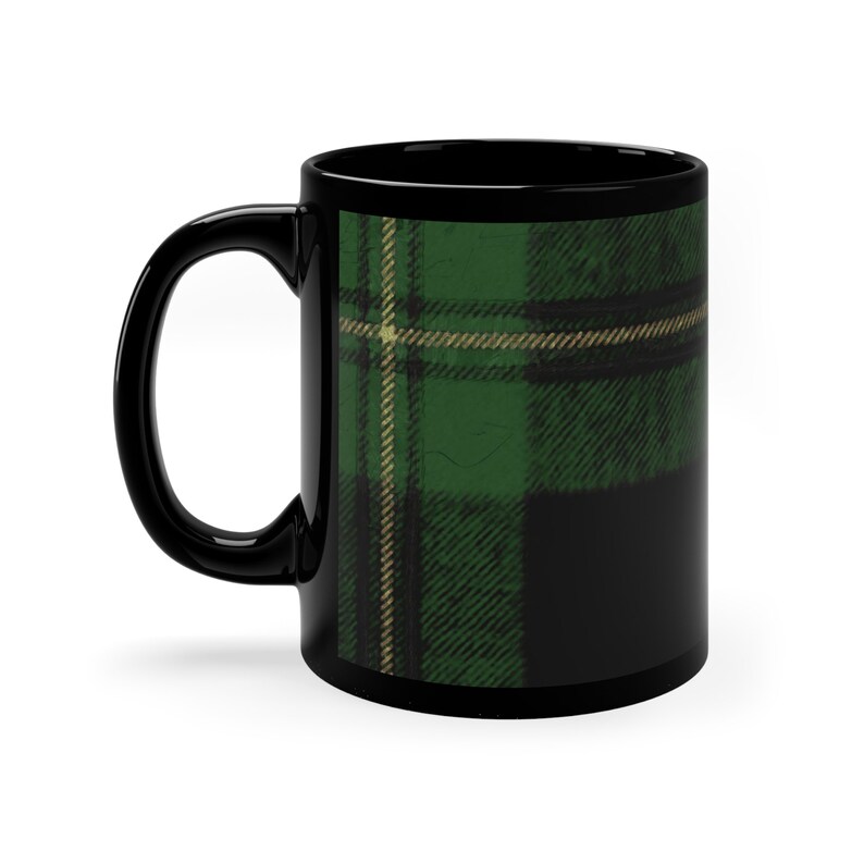 Coffee Mug with Green Tartan Plaid Art, Christmas Mug Gifts for Him, Black Coffee Cup, Scottish Clan, Winter Mug image 5