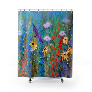 Shower Curtain Bathroom Decor with Wildflowers Dragonfly and Bee Painting, Floral Bathroom Accent for Summer Cottage Core Art Gift for Her