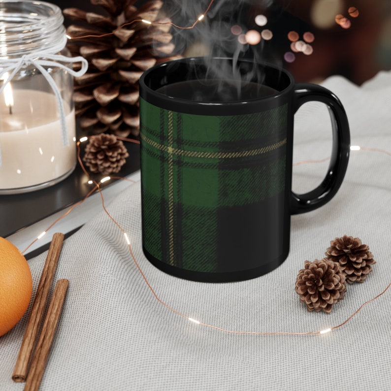 Coffee Mug with Green Tartan Plaid Art, Christmas Mug Gifts for Him, Black Coffee Cup, Scottish Clan, Winter Mug image 6