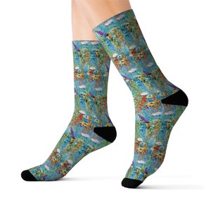 Printed Socks with Wildflowers, Dragonfly Magic, Art Socks, Summer Fashion, Pretty Floral Socks, Smaller Print, Designer Socks, Gift for Her image 1