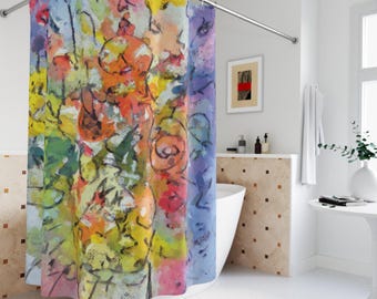 Colorful Floral Shower Curtain | Modern Art Bathroom Decor | 71x74 inch | Blue Orange Yellow Purple Pink | Spring Summer Bath