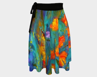 Wrap Skirt with Colorful Orange Yellow Green Art, Dance Skirt, Beach Wrap Cover-Up, Travel Skirt, Circle Skirt, Pretty Wearable Art Gift