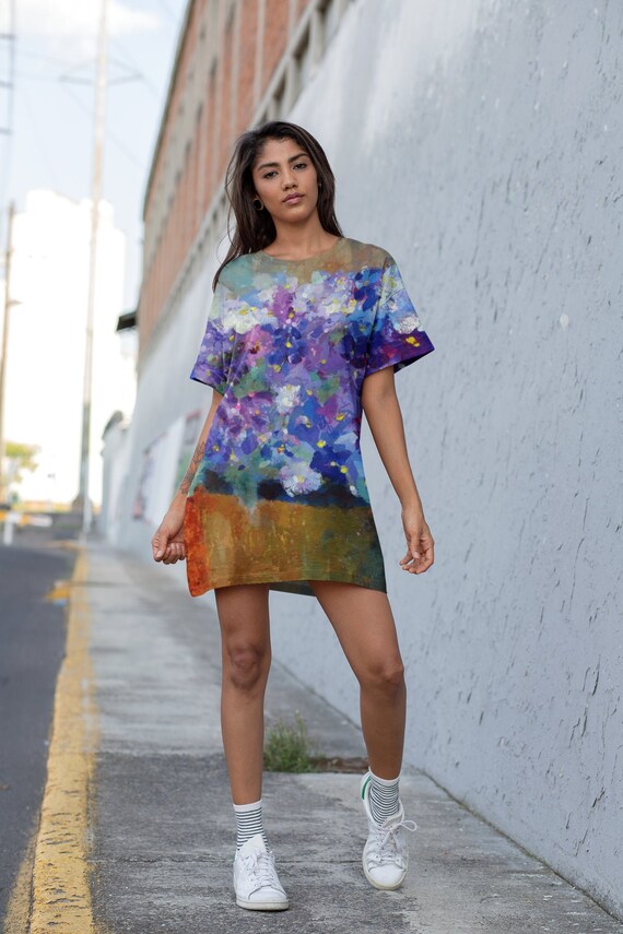 Shirt Dress With Flowers, Feminine T-shirt Dress, Casual Top, Short Dress,  Comfortable Fashion Shift Dress, Light Beach Cover Up, Violets - Etsy