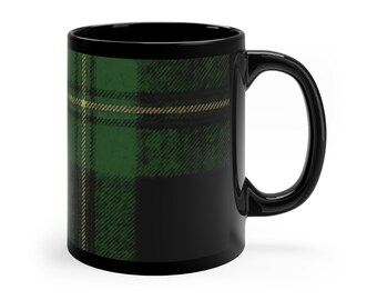 Coffee Mug with Green Tartan Plaid Art, Christmas Mug Gifts for Him, Black Coffee Cup, Scottish Clan, Winter Mug