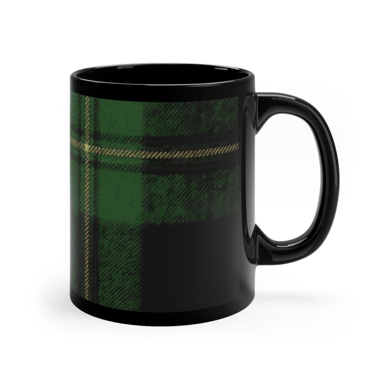 Coffee Mug with Green Tartan Plaid Art, Christmas Mug Gifts for Him, Black Coffee Cup, Scottish Clan, Winter Mug image 1