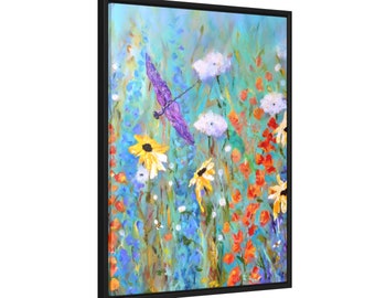 Wildflowers Art Print on Canvas with Wood Frame, Dragonfly Art, Flower Wall Art Living Room, Vertical Frame, Canadian Painting Claire Bull