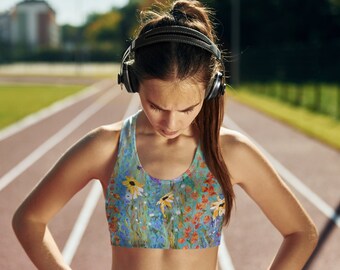 Reggiseno sportivo morbido con stampa floreale di fiori selvatici e ape, fascia elastica, senza chiusura, top da fitness/allenamento da donna.