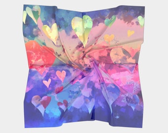 Pure Silk Scarf with Colorful Hearts Art by Claire Bull, Large Square Chiffon Head Cover, Best Friends Gift, Hair Accessory or Neck Accent
