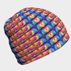 May include: A colorful beanie hat with a repeating pattern of blue and yellow creatures on a purple and orange background. The hat is made of a soft, flexible material and is designed to fit snugly on the head. The overall design is vibrant and eye-catching.