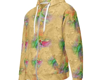 Moletom com capuz e zíper Cottagecore: jaqueta floral de poliéster reciclado com estampa de pássaro