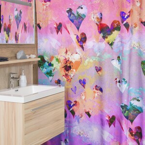 Colorful Shower Curtain, Pink Bathroom Decor, Bath Curtain with Hearts, Matching Bath Towels, Gift for Her, Bright Colors Bathroom, Hot Pink