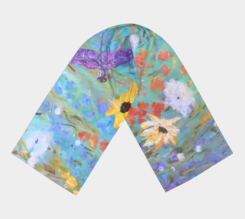 Long Silk Scarf with Wildflowers and Dragonfly Art, Colorful Floral Satin Neck Scarf or Shoulder Wrap, Gift for Mom, Chiffon Chemo Headwear image 3