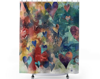 Colorful Floating Hearts Shower Curtain Bathroom Accent for the Home with Original Art by Claire Bull, 71 x 74 Inch Size