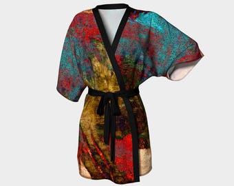 Circles of Color Kimono Robe - Ladies Wrap Belted Top Light Jacket Accent Wearable Art Kimono Printed Bathrobe Beach Cover Up Gift for Her