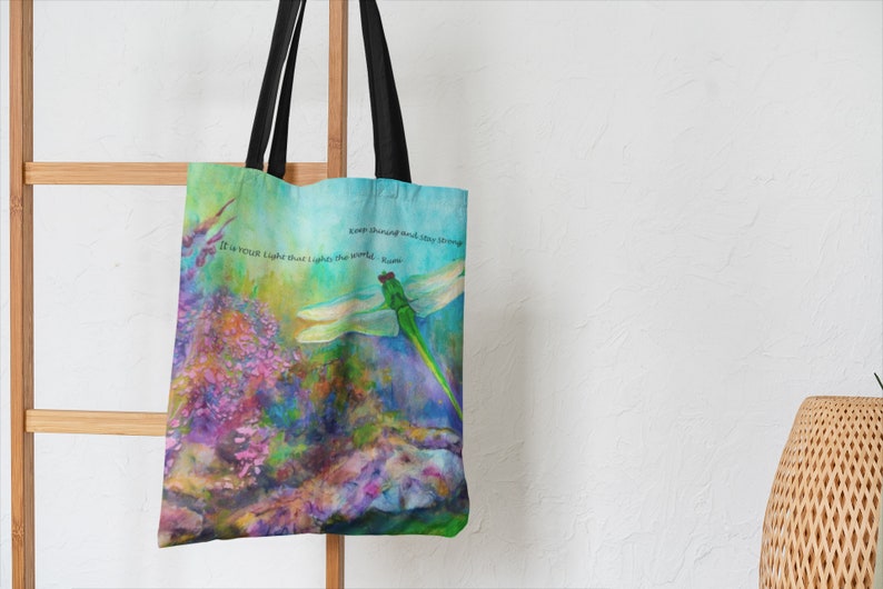 Tote Bag with RUMI Quote Flowers and Dragonfly, Market Bag, Lined Shopping Bag for Women, Book Tote, Reusable Tote Gift for Mom, Pretty Tote image 8