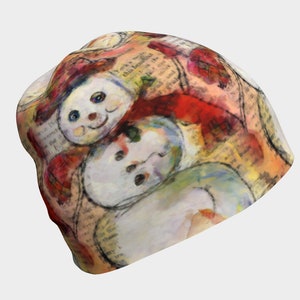 Snowman with Red Hat, Bamboo Beanie, Chemo Cap, Soft Cancer Hat, Slouch Hat Winter, Whimsical Art Cancer Gift, Kids Cancer, Hair Loss Unisex