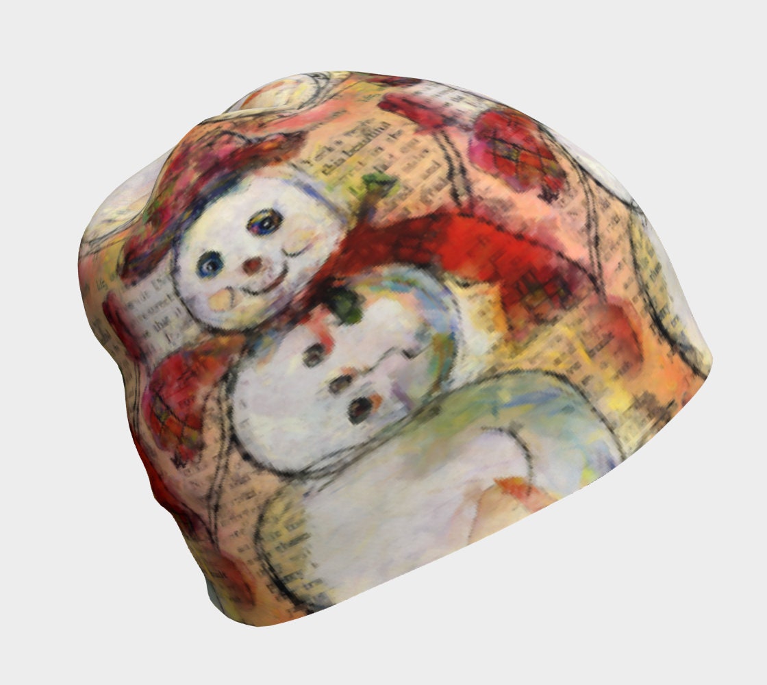 Snowman with Red Hat, Bamboo Beanie, Chemo Cap, Soft Cancer Hat, Slouch Hat Winter, Whimsical Art Cancer Gift, Kids Cancer, Hair Loss Unisex