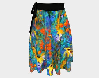 Summer Wrap Around Floral Skirt, Wildflowers Art Skirt, Beach Cover Up, Casual Skirt, Designer Skirt, Colorful Flower Skirt Gift for Her