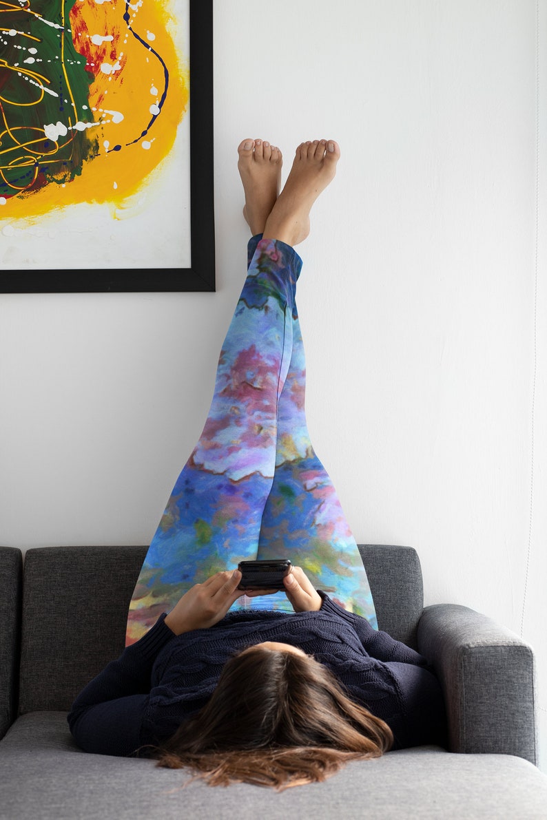 Workout Tights with Peony Flowers in Soft Pink and Blue Handpainted Art Floral Yoga Leggings Fitness Leggings Floral Women/'s Dance Pant
